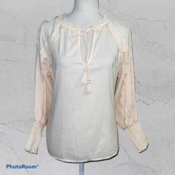 NWT- Zara women’s Ruffle/Eyelet Long Sleeve Size Small, Peach, Tassel Tie - Picture 3 of 8